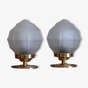 Pair of bedside lamps extra brass globe frosted glass art deco