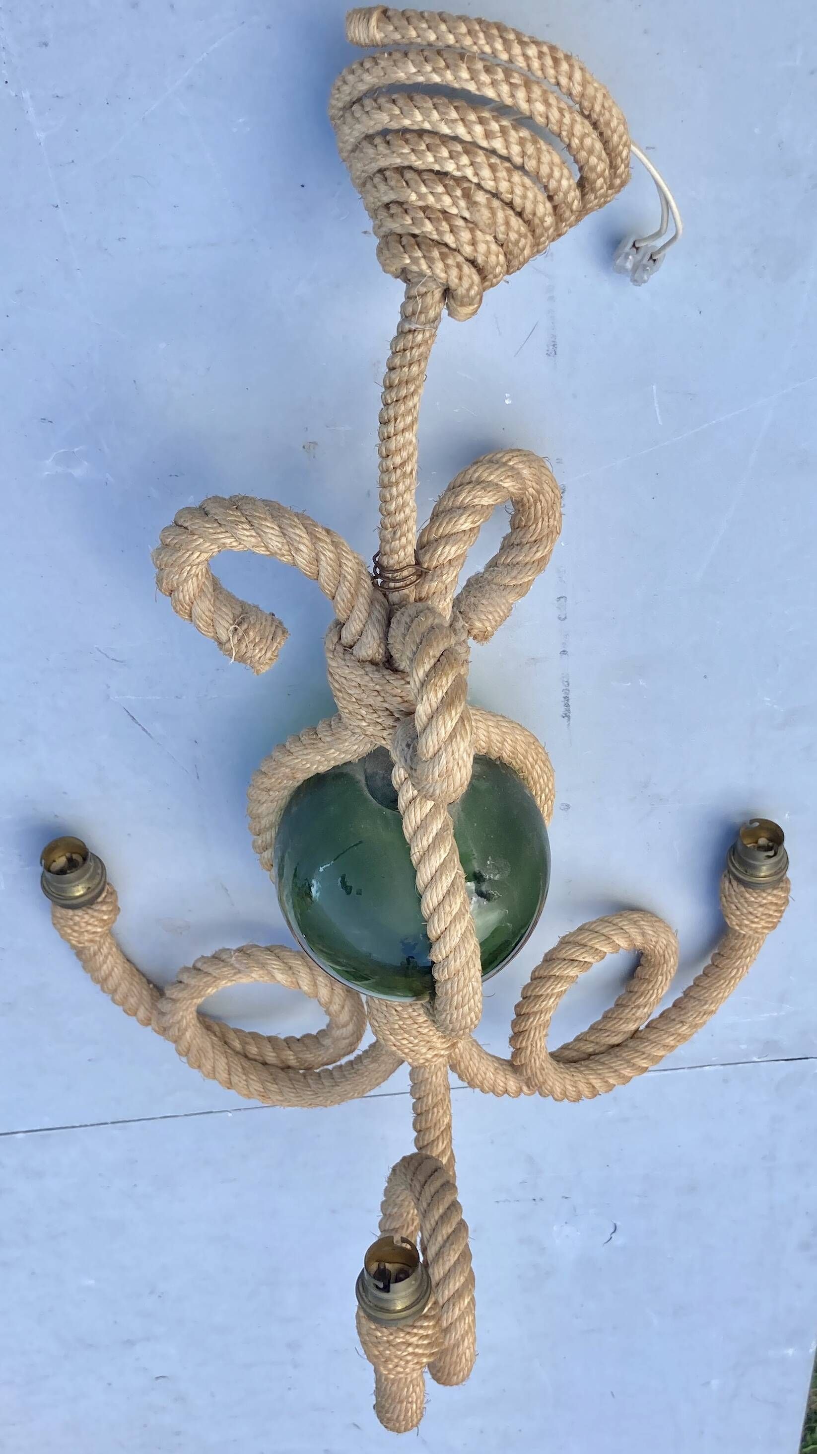 Audoux & Minet - vintage cord chandelier with 3 lights - France circa 1950