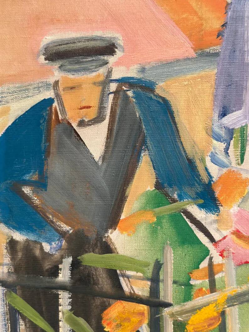 Swedish Original Oil on Canvas – "Figure Near a Flower Fence" by Carl Gunne – Signed – Vintage and Framed – 69.5 × 48 cm (27.4" × 18.9")