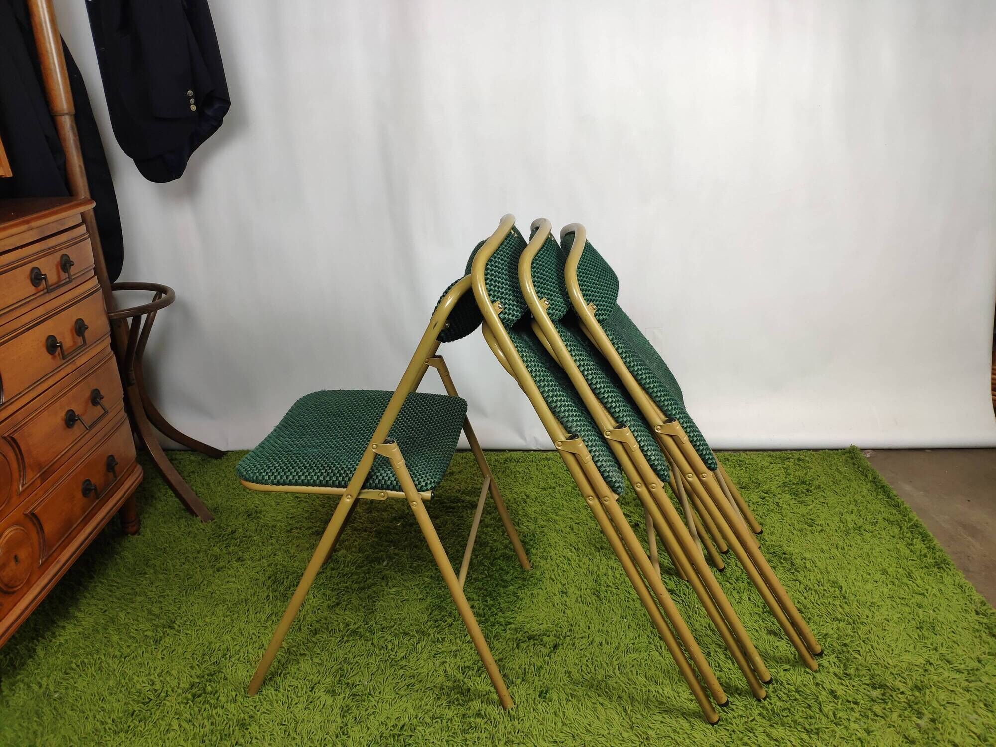 Lot of 4 folding chairs striped fabrics and green metal year 60