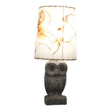 Vintage 1970s owl lamp, painted plaster, lampshade herbarium.