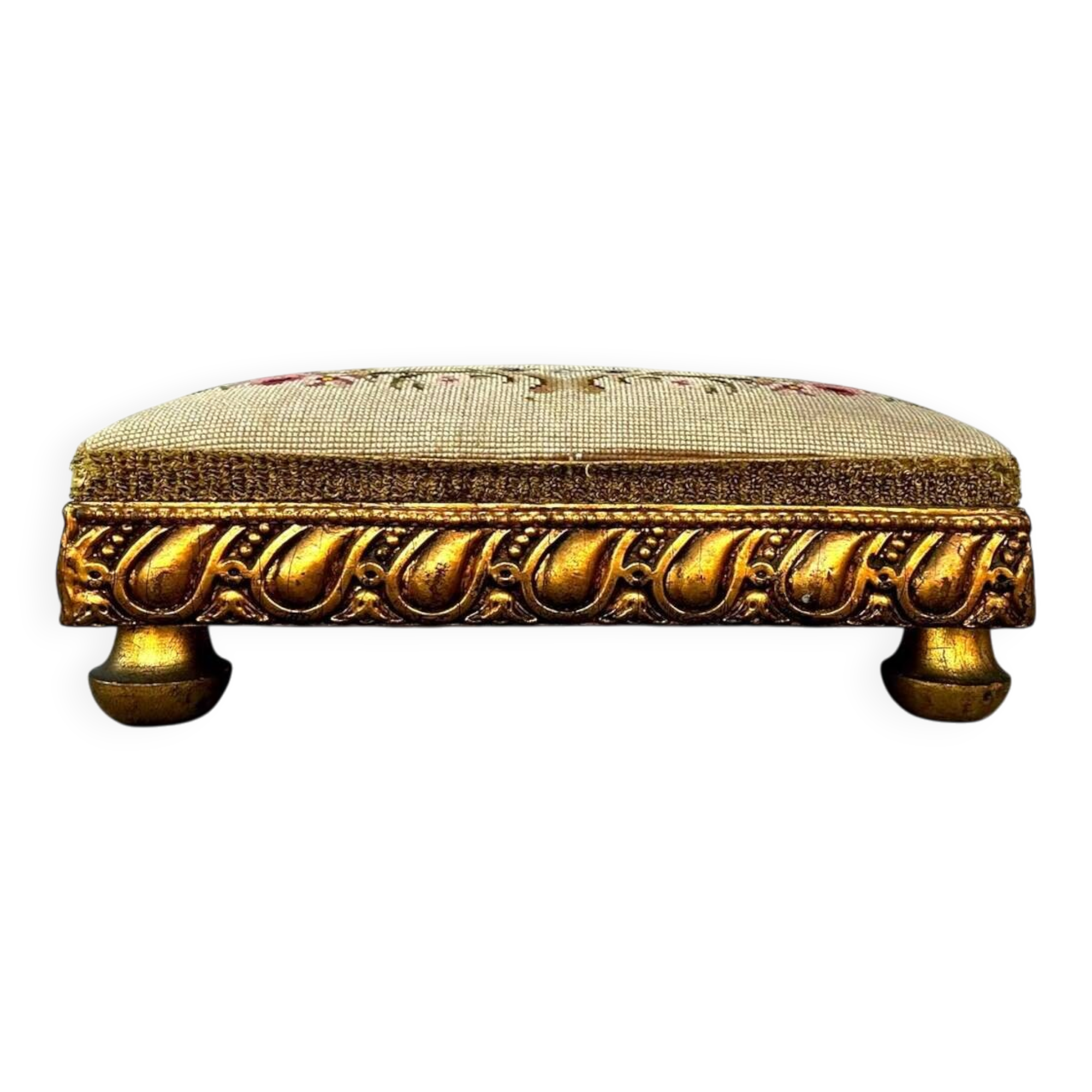 Empire Foot Stool With Petit Point Standing on Ball Feet Needlepoint Decor