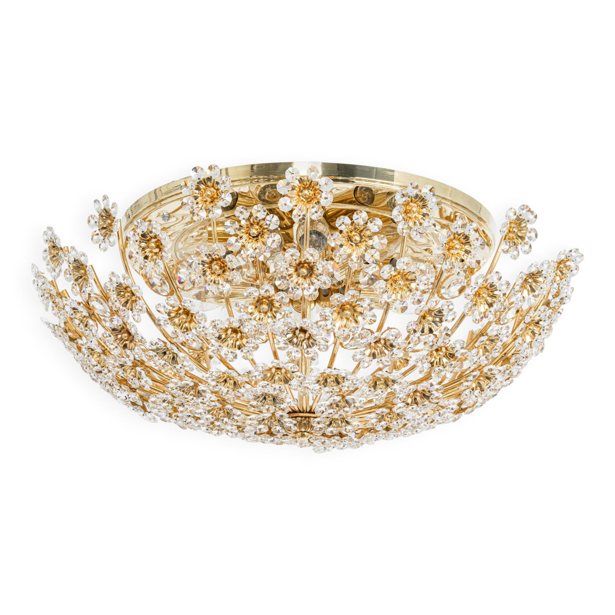 Small delicate ceiling light in gilded brass and cut glass in the shape of flowers by Palwa, Germany, 1970s.