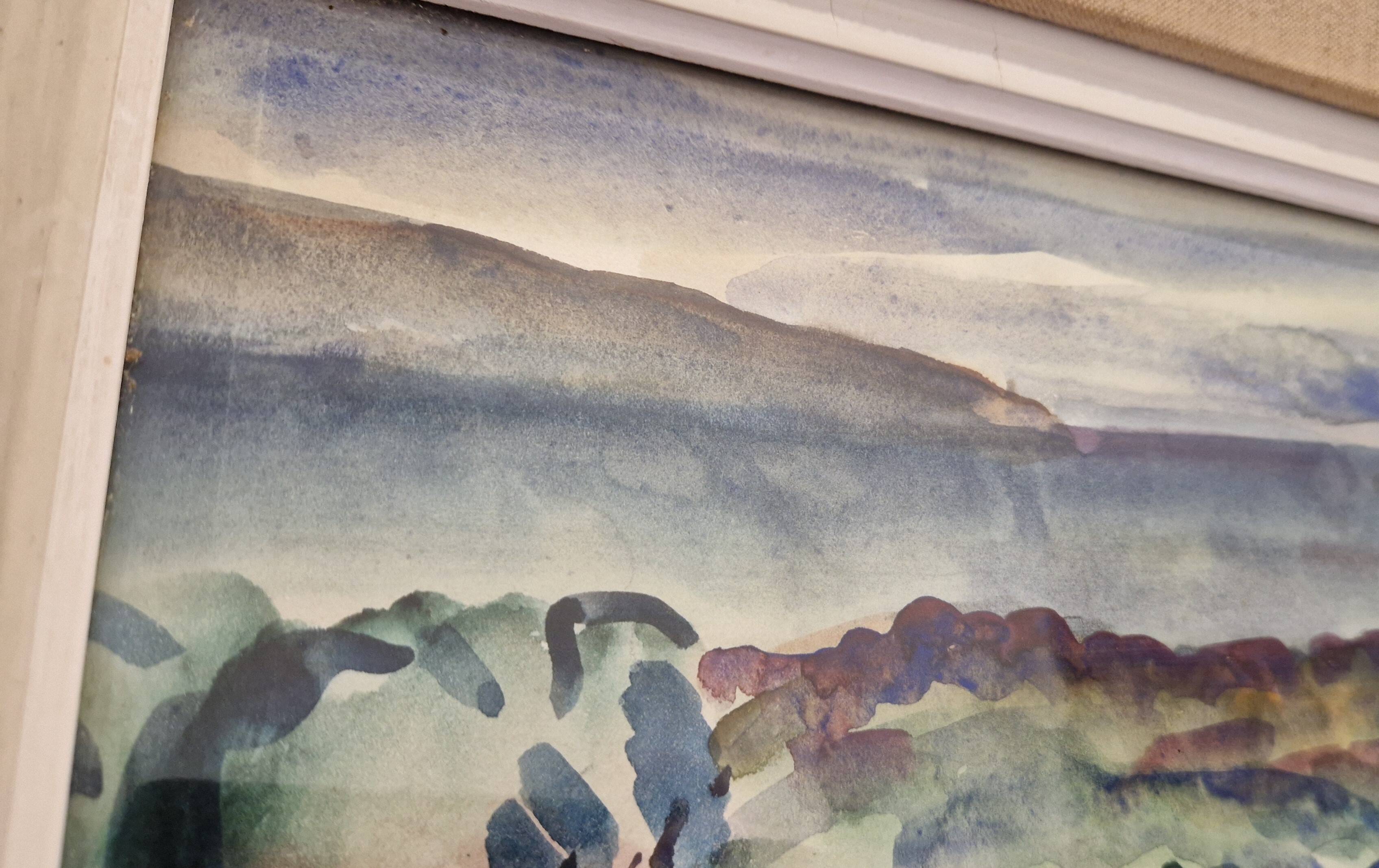 1950s gouache painting of the Mediterranean hinterland, framed, signed F Robinet