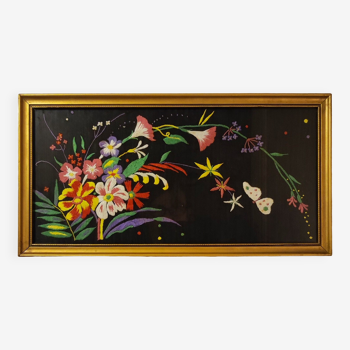 Floral embroidery on black silk framed 1950