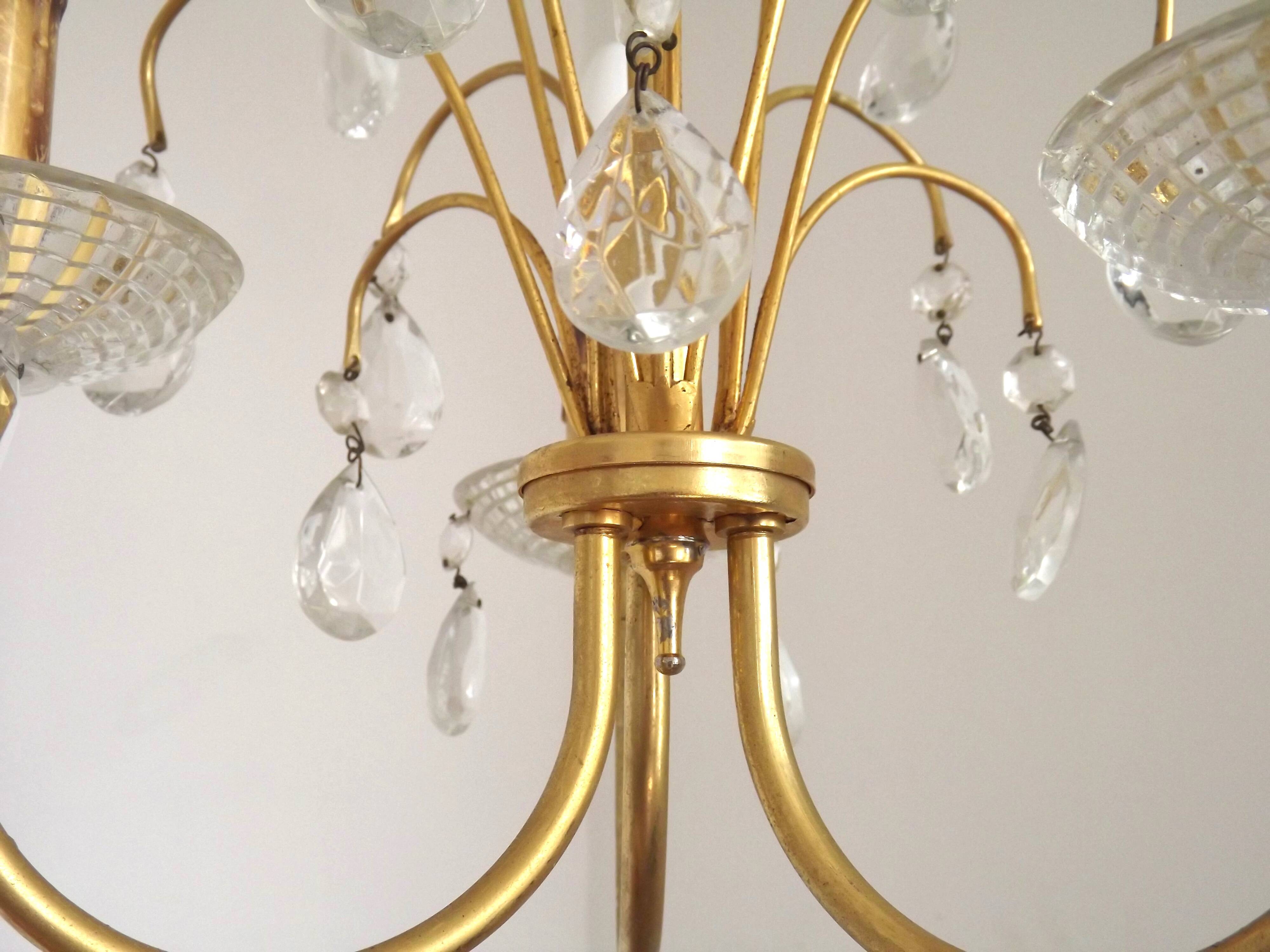French Vintage Gold Effect Metal-Crystal 3 Light Chandelier Glass Bobeches