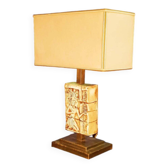 Vintage "Egyptomania" lamp in ceramic and patinated brass