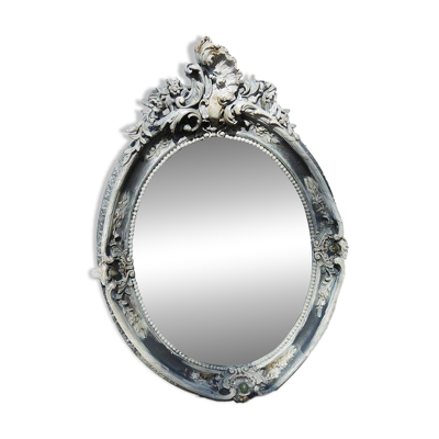 Ancien Miroir Oval Biseauté avec Cadre en Bois Sculpté Baroque