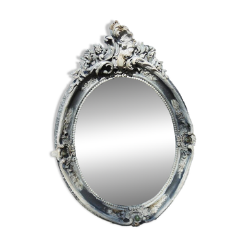 Ancien Miroir Oval Biseauté avec Cadre en Bois Sculpté Baroque
