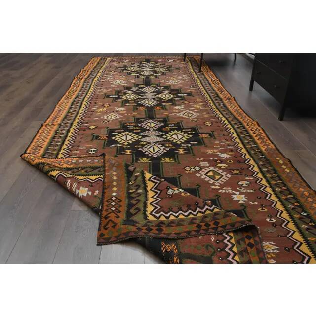 1970s Vintage Turkish Handmade Wool & Cotton Brown Runner Rug 178x475