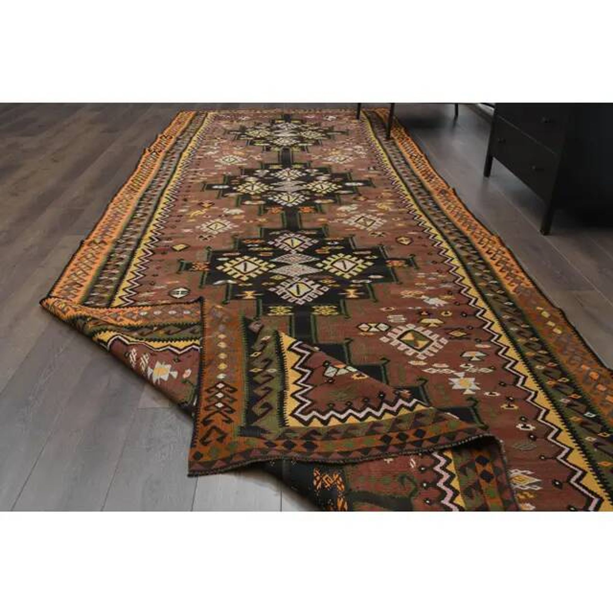 1970s Vintage Turkish Handmade Wool & Cotton Brown Runner Rug 178x475