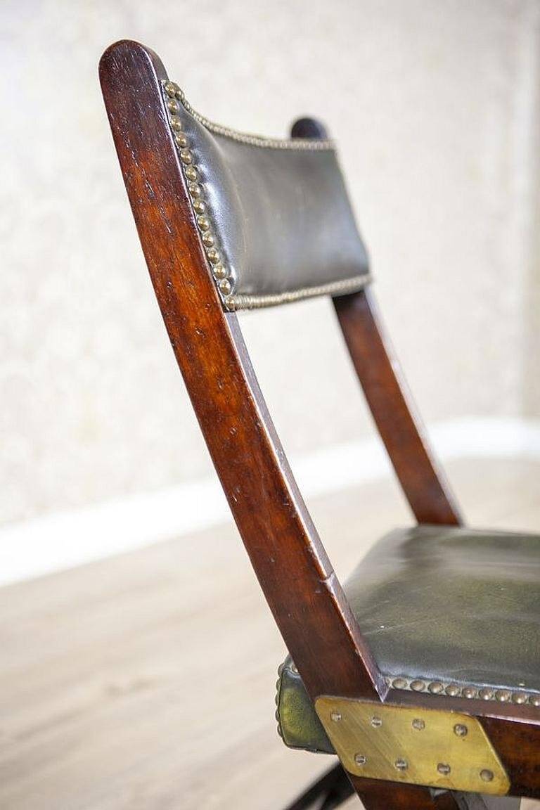 Vintage Walnut Folding Chair in Dark-Green Leather, 1950s