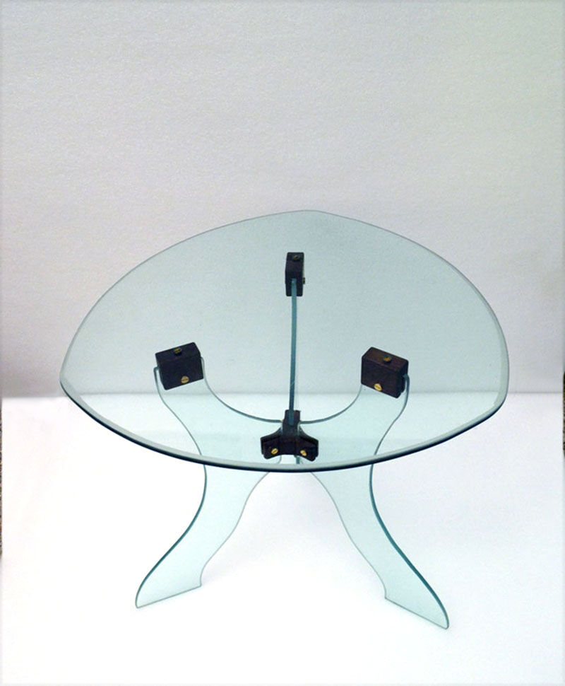 Table basse en cristal biseauté avec joints en bois années 1950