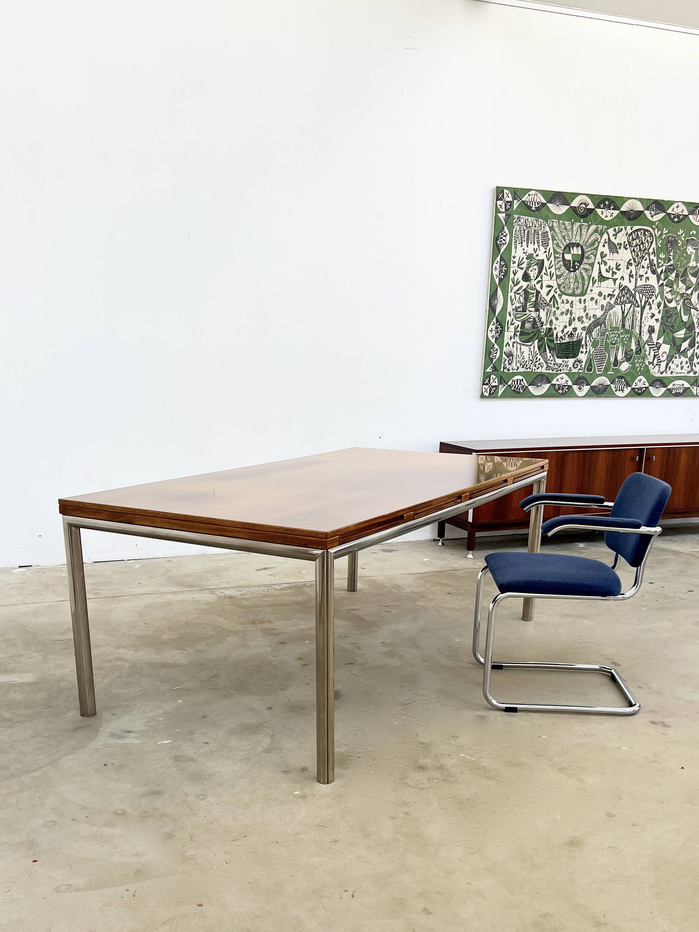 Italian walnut and chrome dining table with 4 drawers