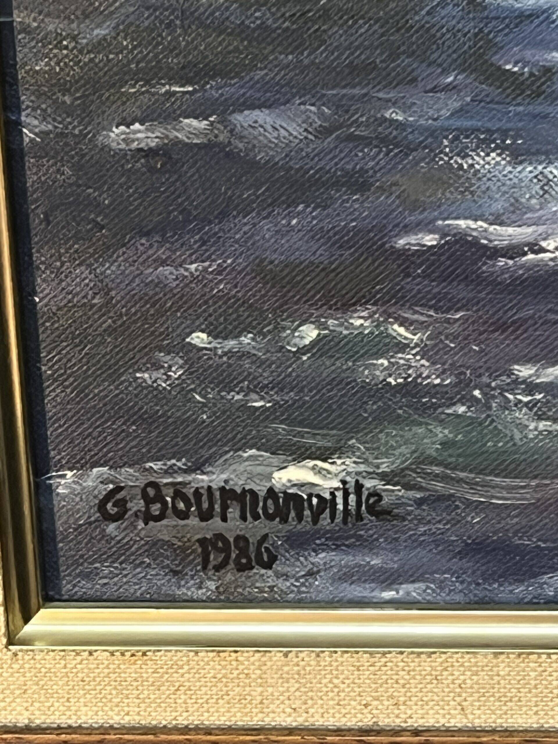 Painting by G. Bournonville, signed and dated 1986, oil on cardboard, boats at the quay