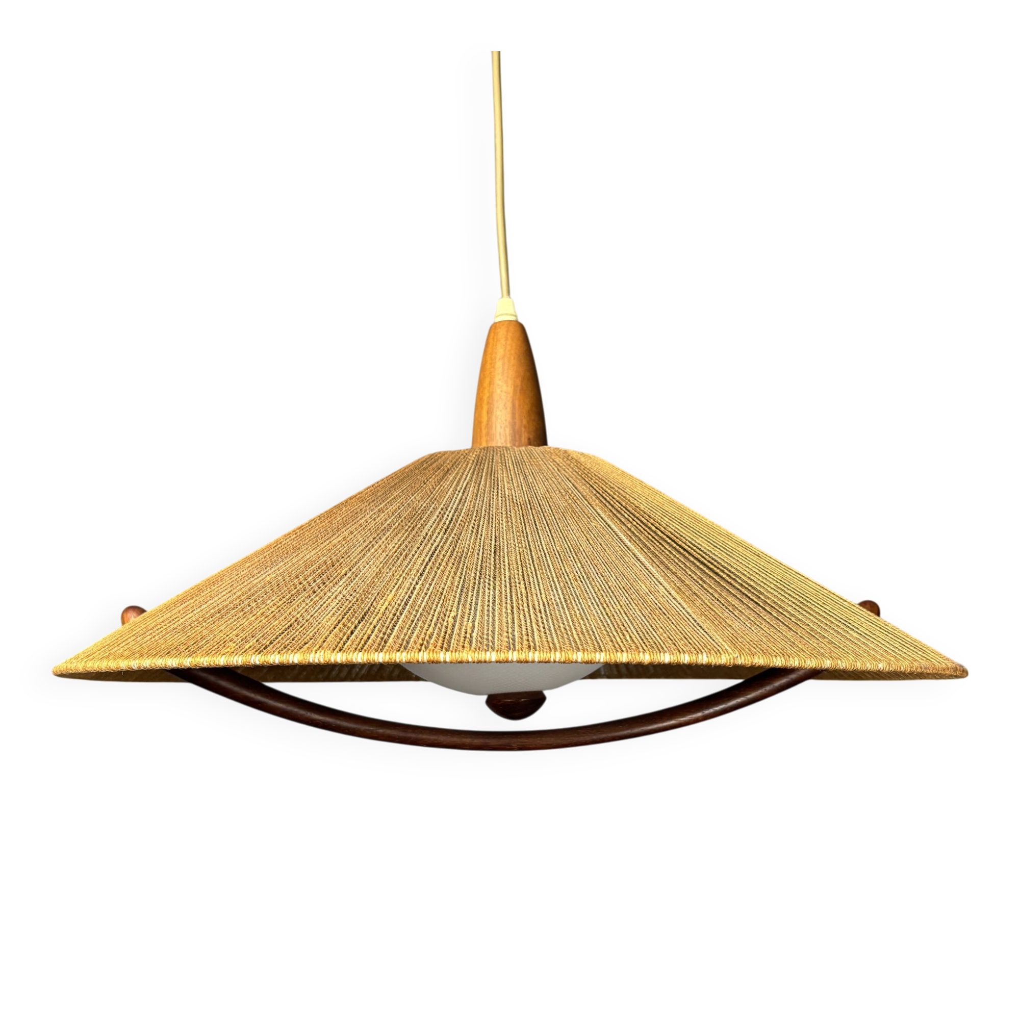 Large Mid-Century Teak and Sisal Cord Pendant from Temde Leuchten, 1960s