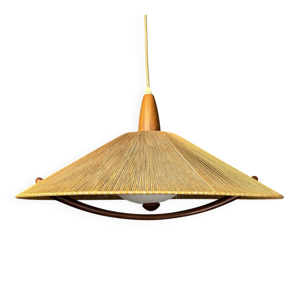 Grand pendentif en teck et corde de sisal de Temde Leuchten, années 1960.