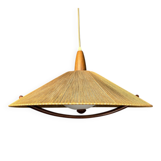 Large Mid-Century Teak and Sisal Cord Pendant from Temde Leuchten, 1960s