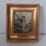 Old golden frame "lute player" on silk