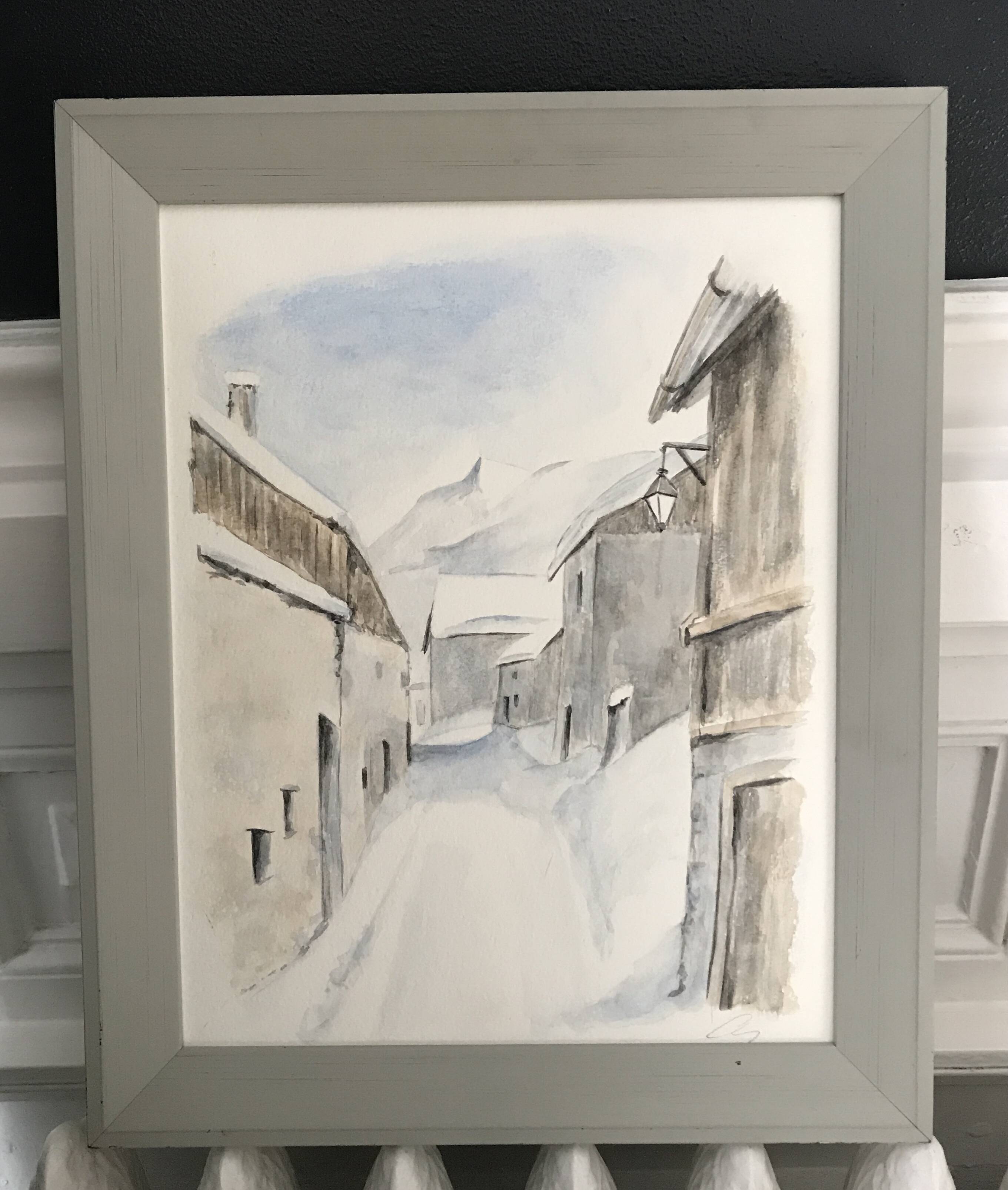 Aquarelle ruelle village montage enneigée