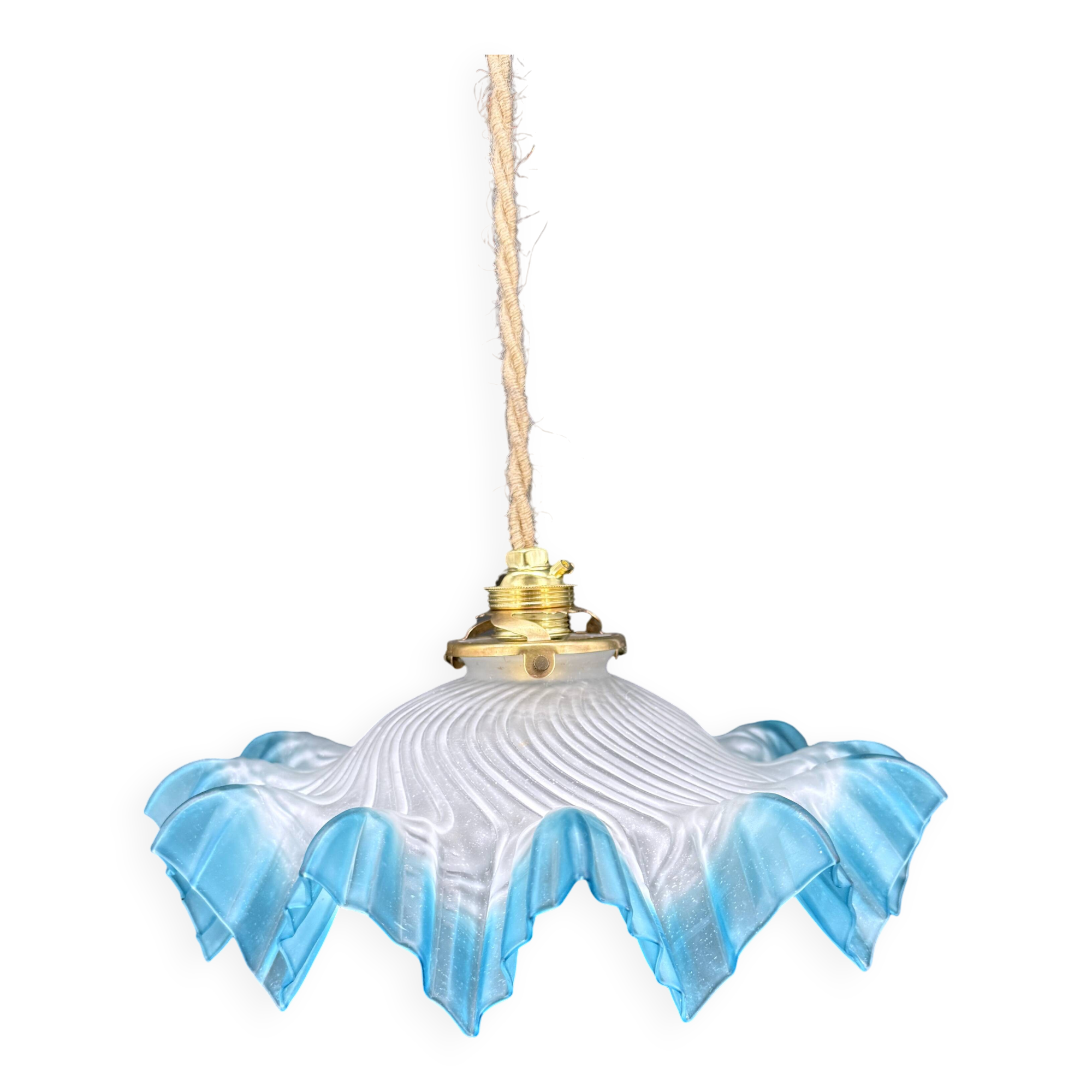 Vintage pendant light in blue gradient draped opaline glass