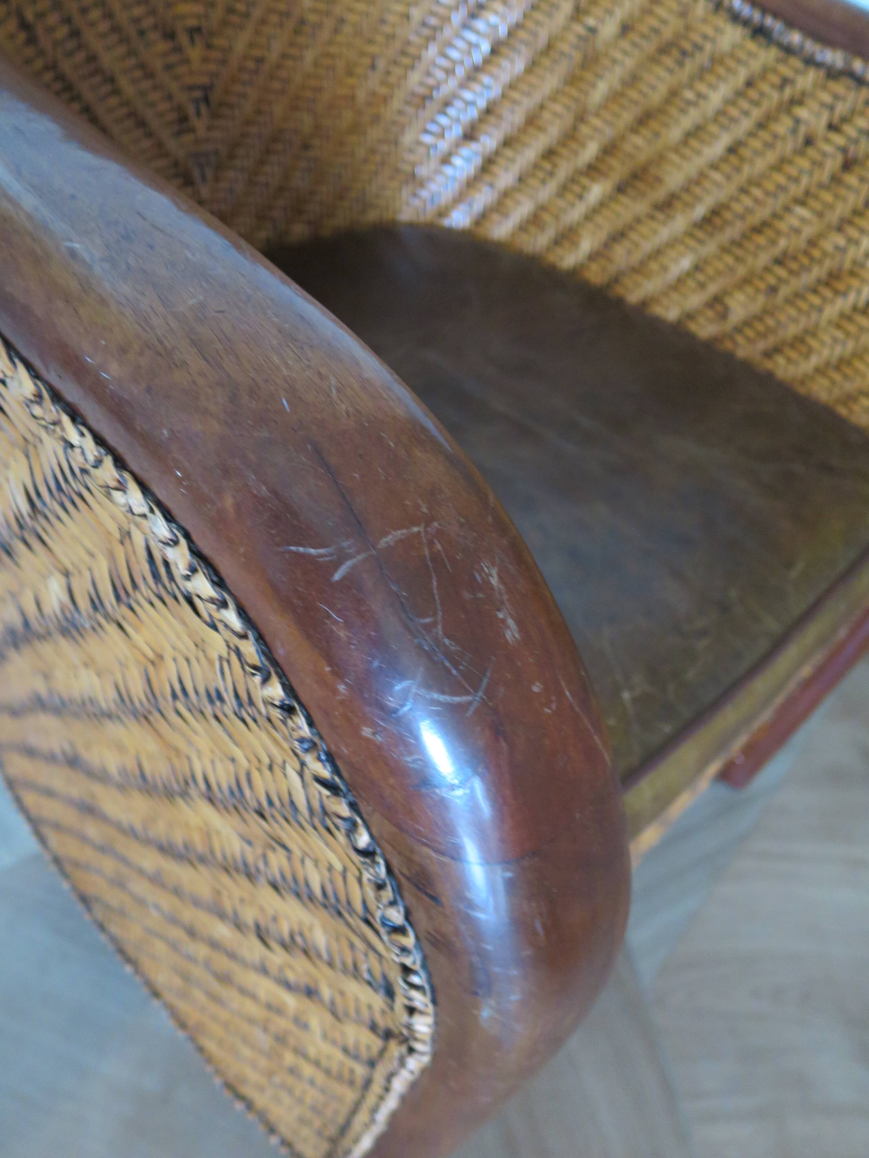 Fauteuil Style Colonial-Rotin tressé-Vintage-coussin simili cuir