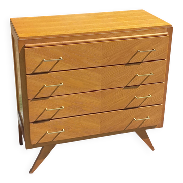 Vintage oak chest of drawers with tapered legs, 4 drawers from the 1950s.