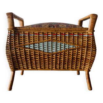 Large vintage wicker sewing basket - quilted fabric stool - 1950s