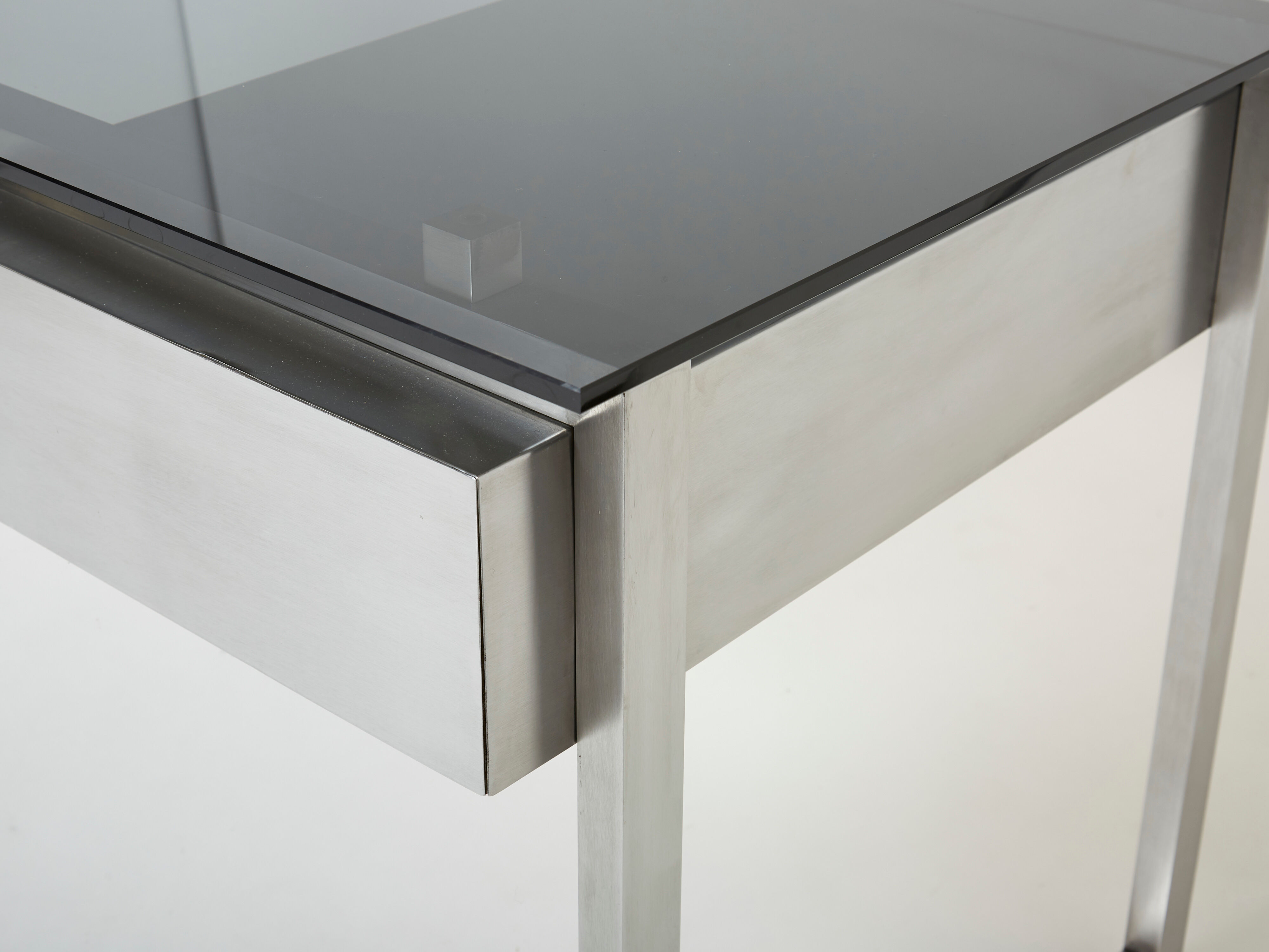 Desk stainless steel brushed gray smoked glass by Patrice Maffei for Kappa 1970