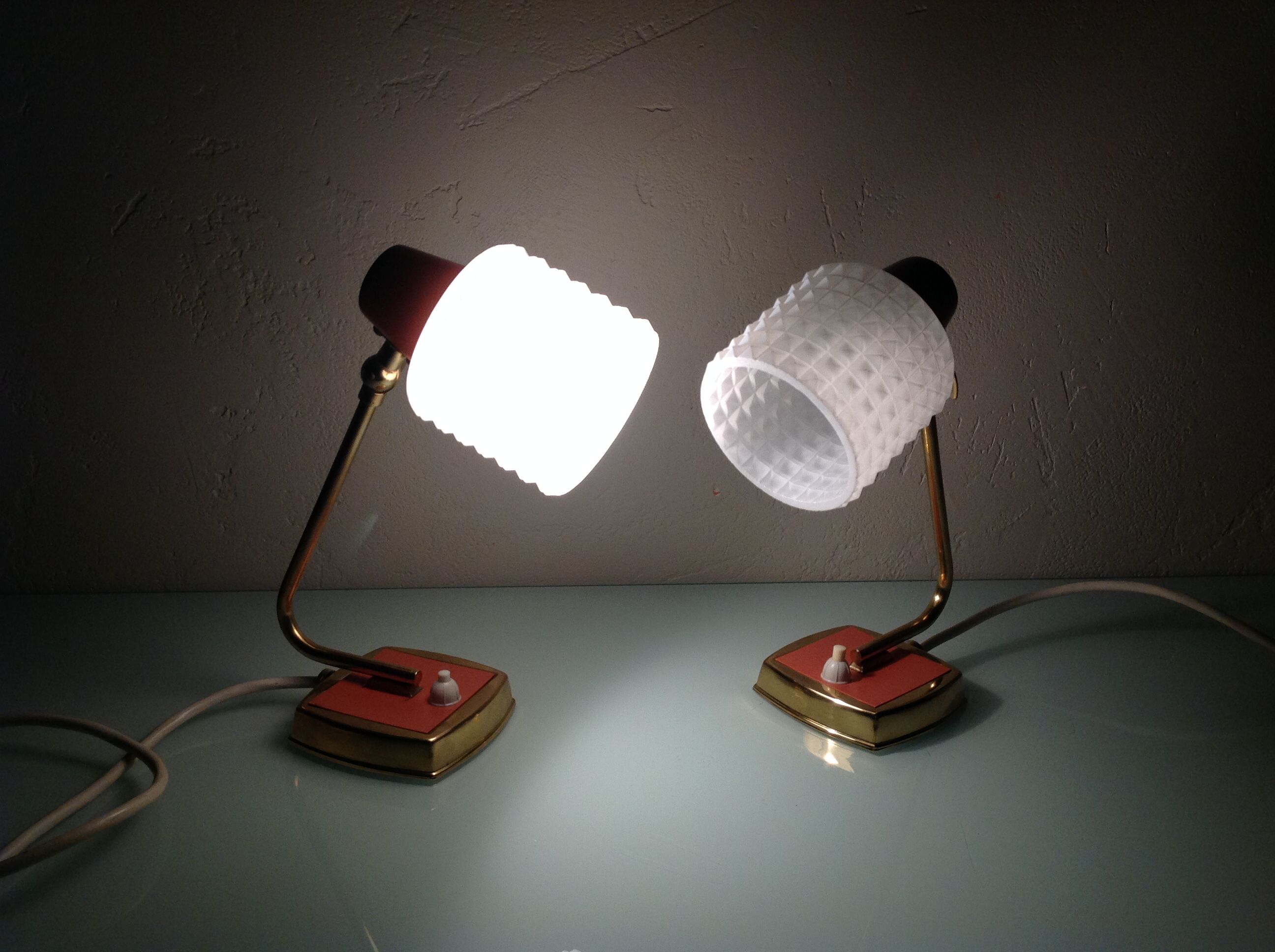 Pair of bedside lamps in structured white opaline and brass, vintage 60