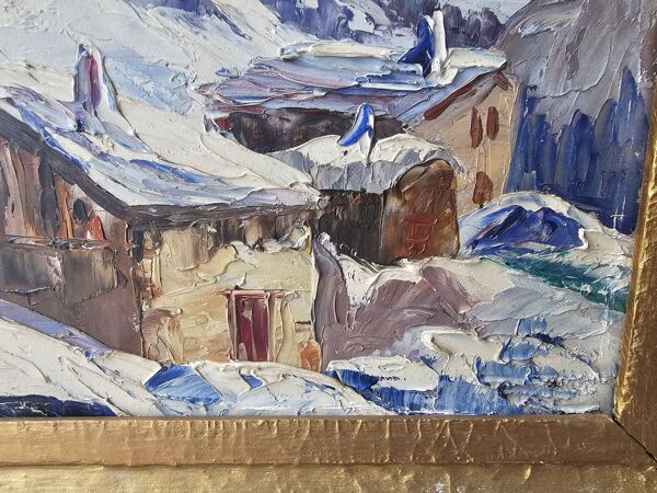 Tableau Huile sur panneau Village du Tour / Le Tour (Chamonix) Signé M Mart