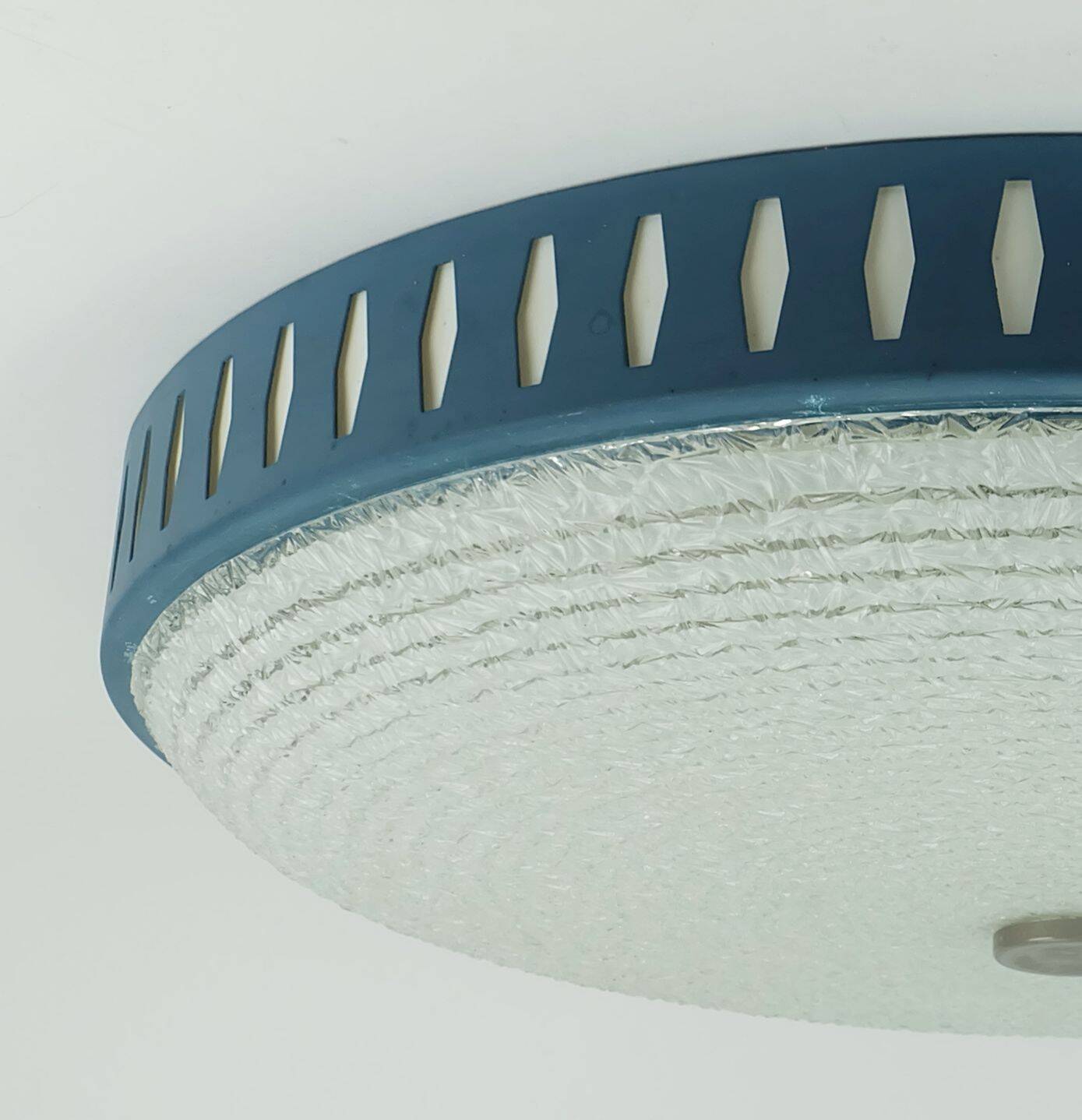 Rare large ceiling light by hillebrand 1960s textured glass blue metal fram