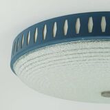Rare large ceiling light by hillebrand 1960s textured glass blue metal fram