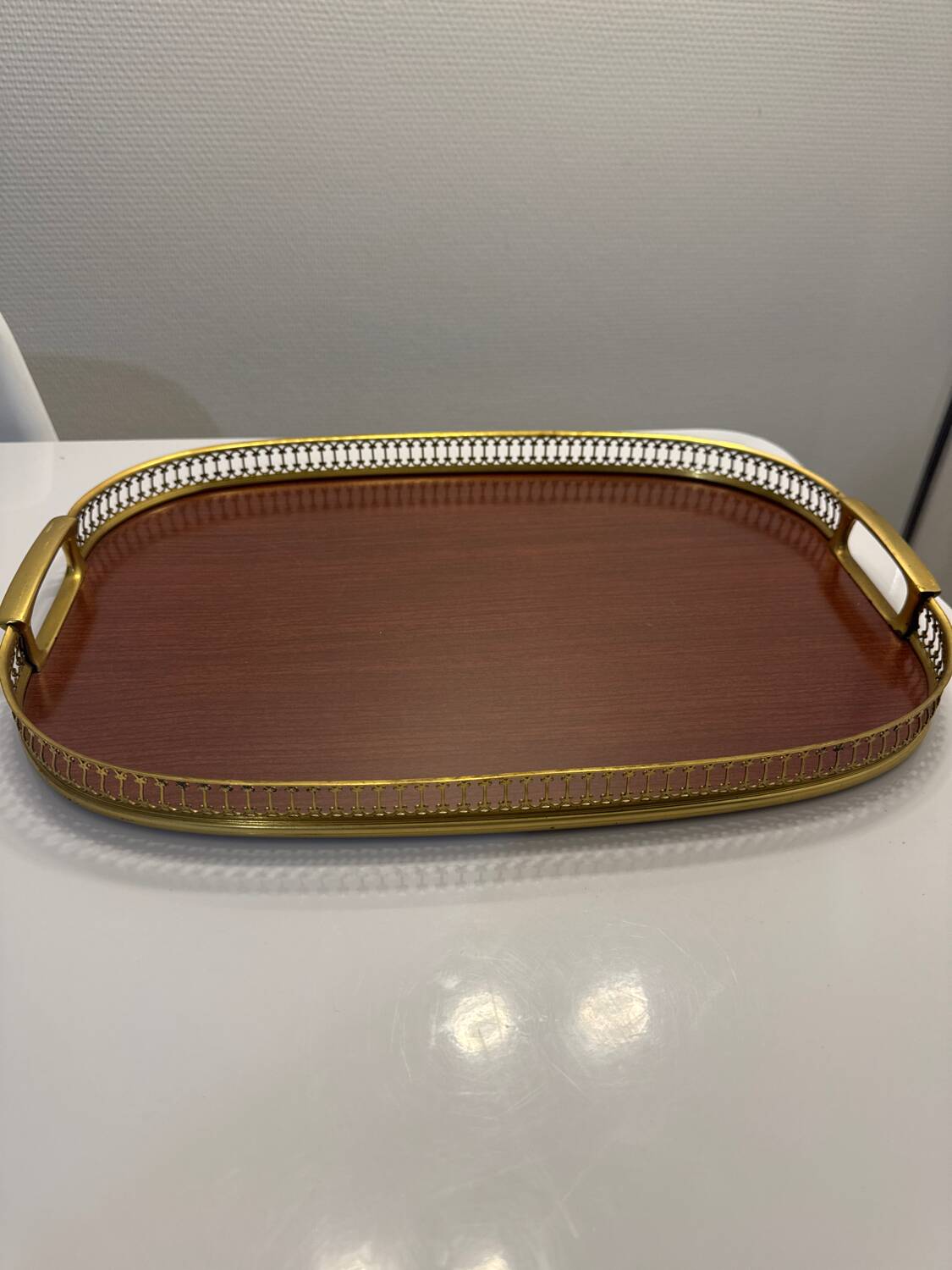 Vintage brass grand plateau – openwork gallery – 1970s