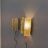 Set of wall lamps in brass colored suspension with thick pressed glass, from Danish Vitrika 1970s.
