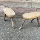 Pair of rustic 1940 brutalist wooden tripod farm stools vintage
