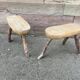 Pair of rustic 1940 brutalist wooden tripod farm stools vintage