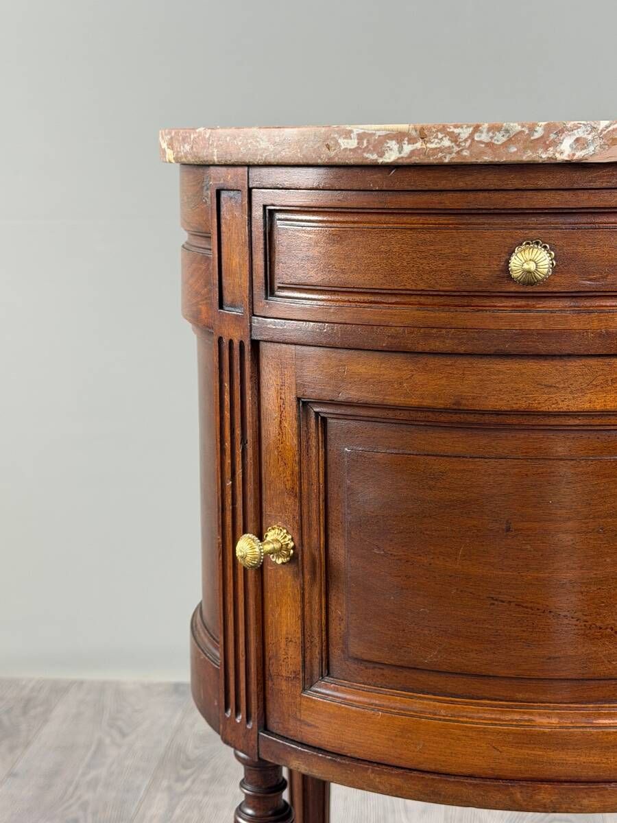 Half-moon side table in mahogany and marble, Louis XVI style, 19th century.
