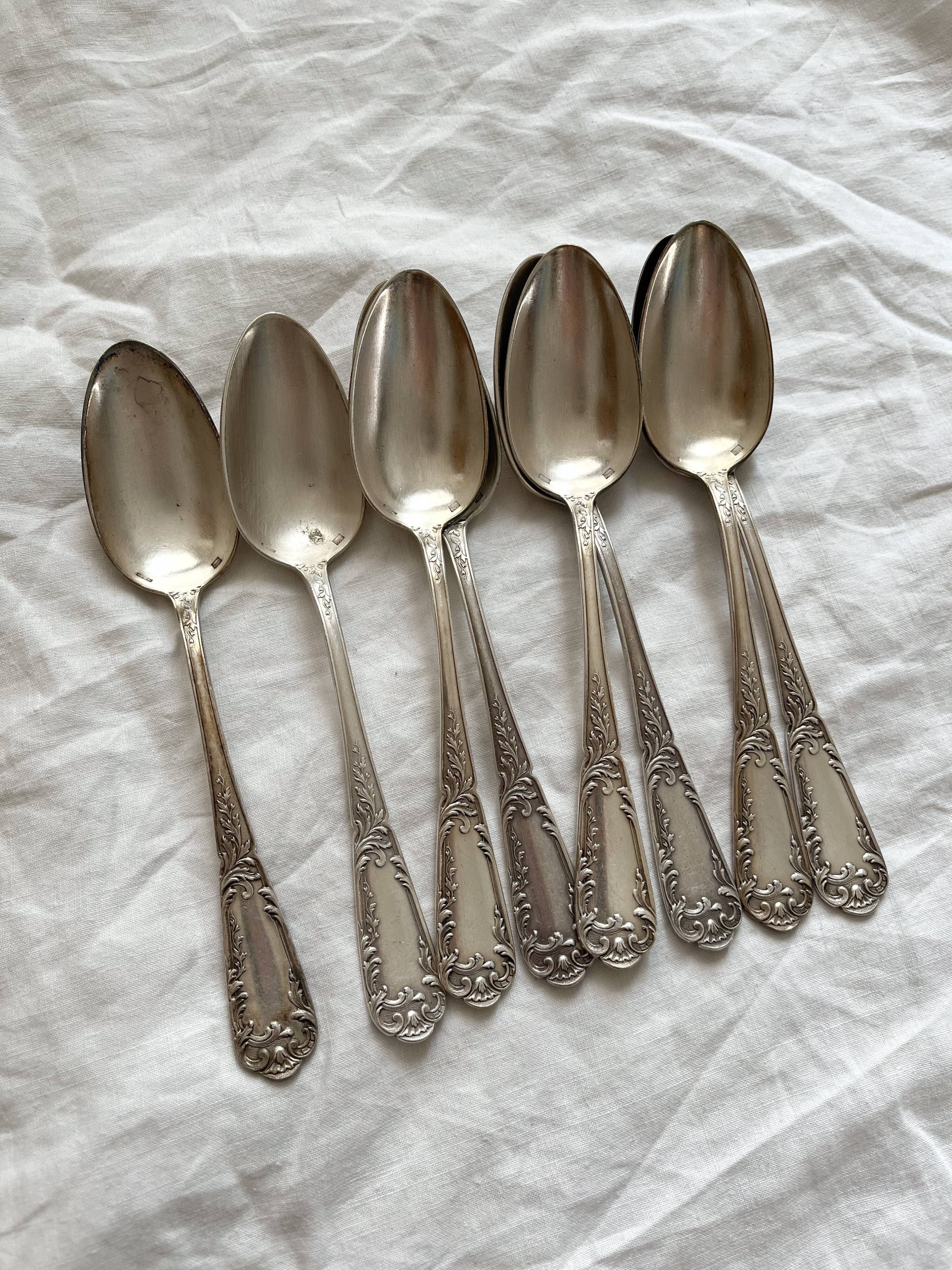 8 silver-plated metal soup spoons SFAM with acanthus and monogram decoration
