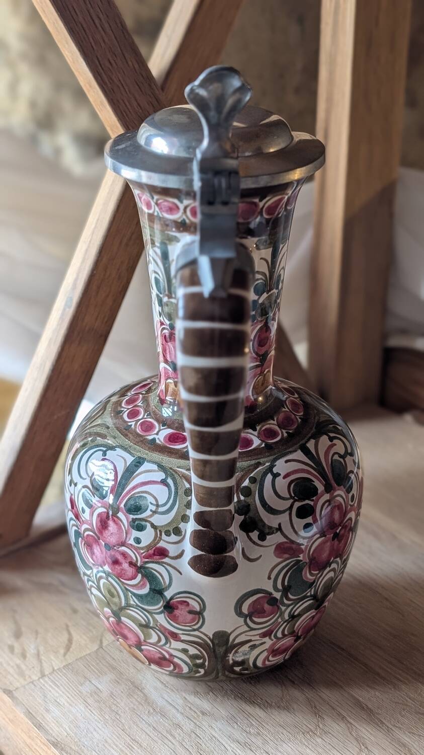 Antique hand-painted earthenware pitcher – Red and green floral decoration