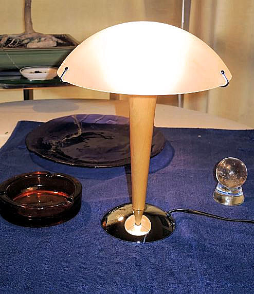 Table lamp legs chrome wood lampshade opaque glass.