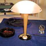 Table lamp legs chrome wood lampshade opaque glass.