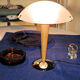 Table lamp legs chrome wood lampshade opaque glass.