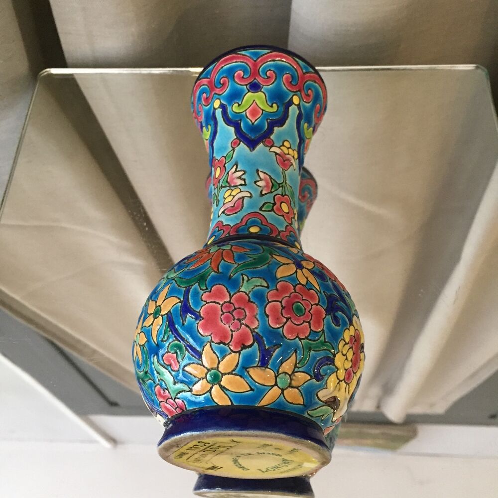 Soliflore vase in Longwy emaux multicolored flowers