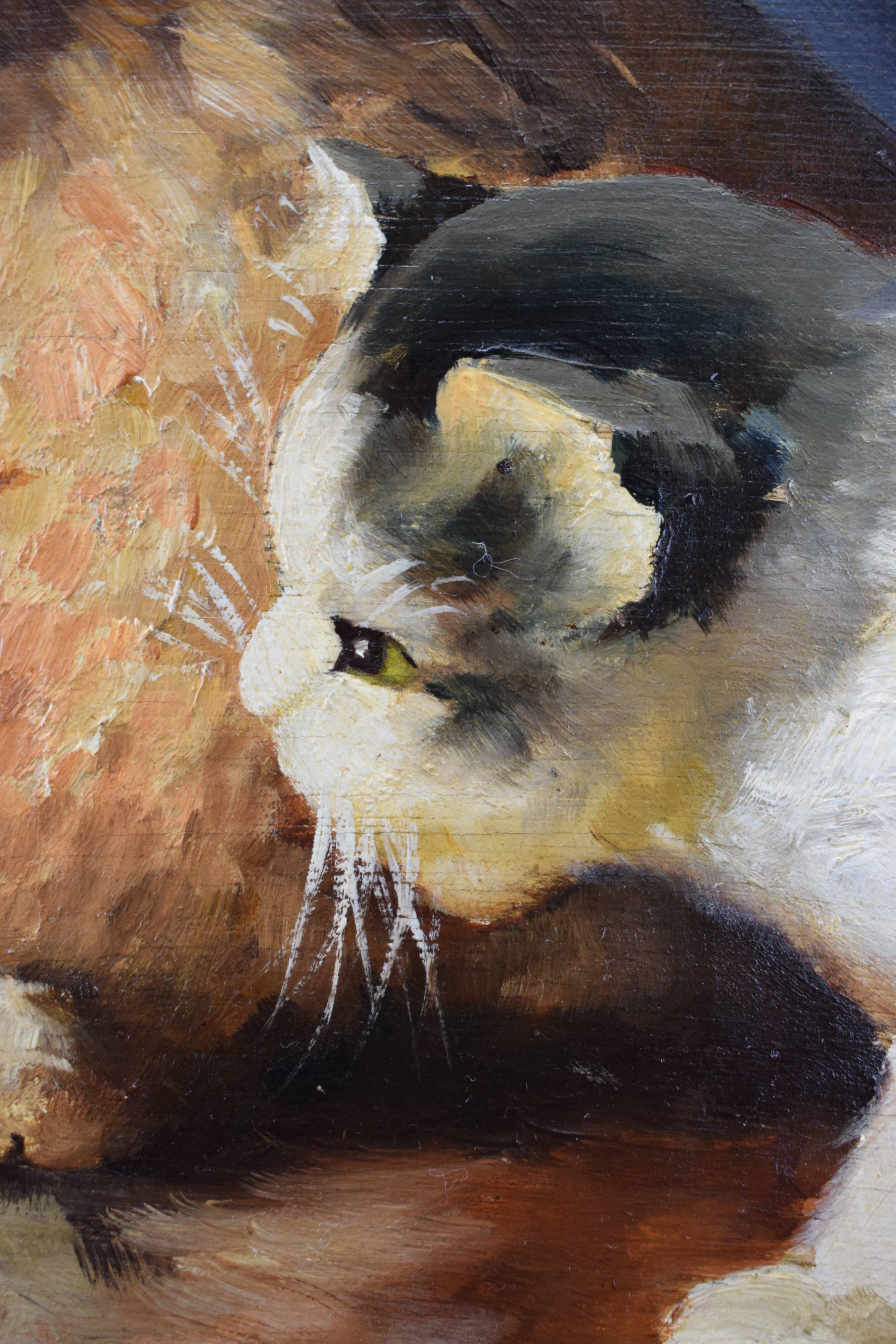 Oil painting on panels kitten playing by Leon Huber