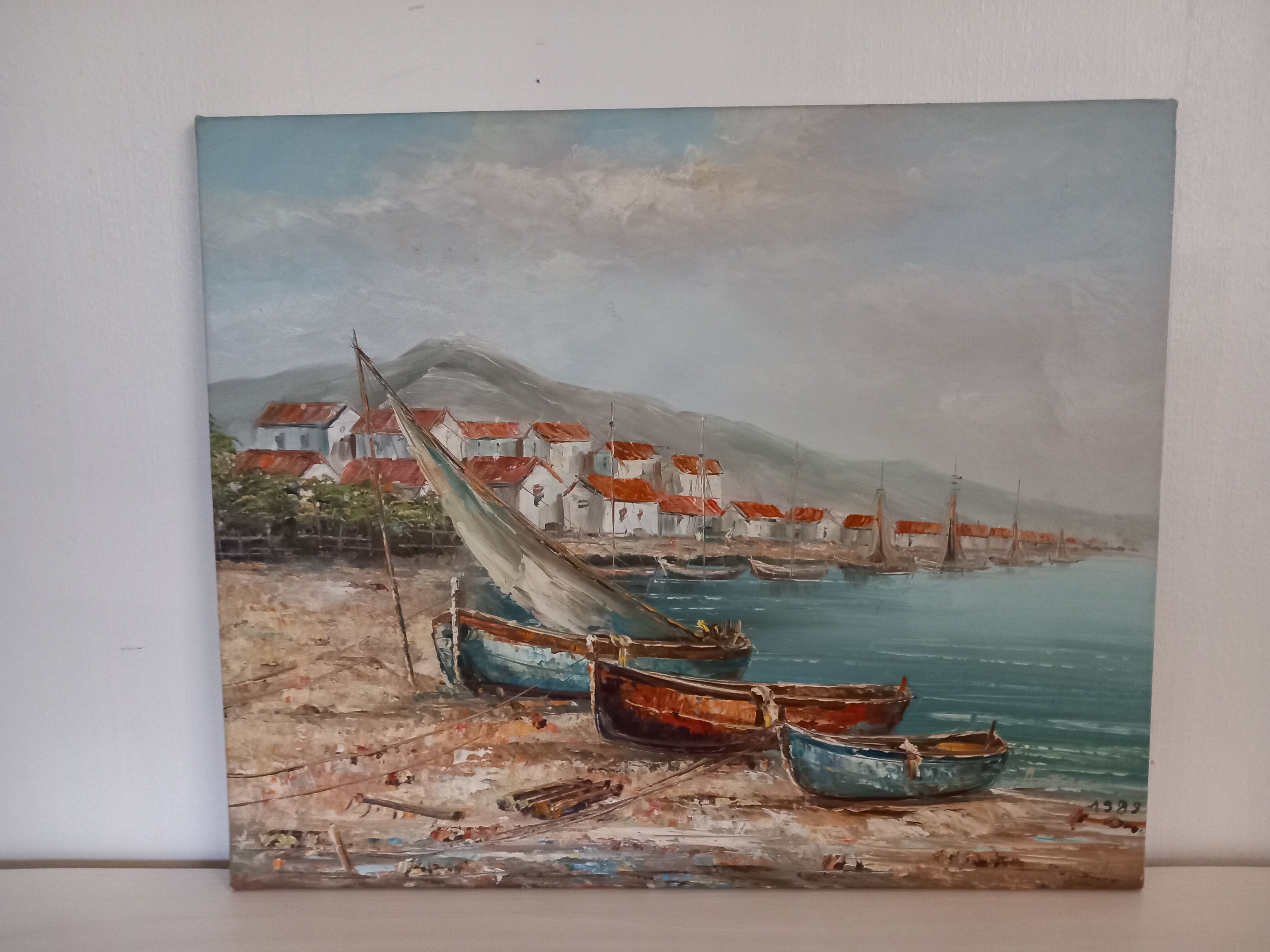 Oil on canvas signed-boats on the beach