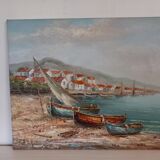 Oil on canvas signed-boats on the beach