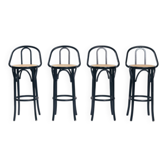 Tabourets de bar vintage en bois courbé et rotin, lot de 4