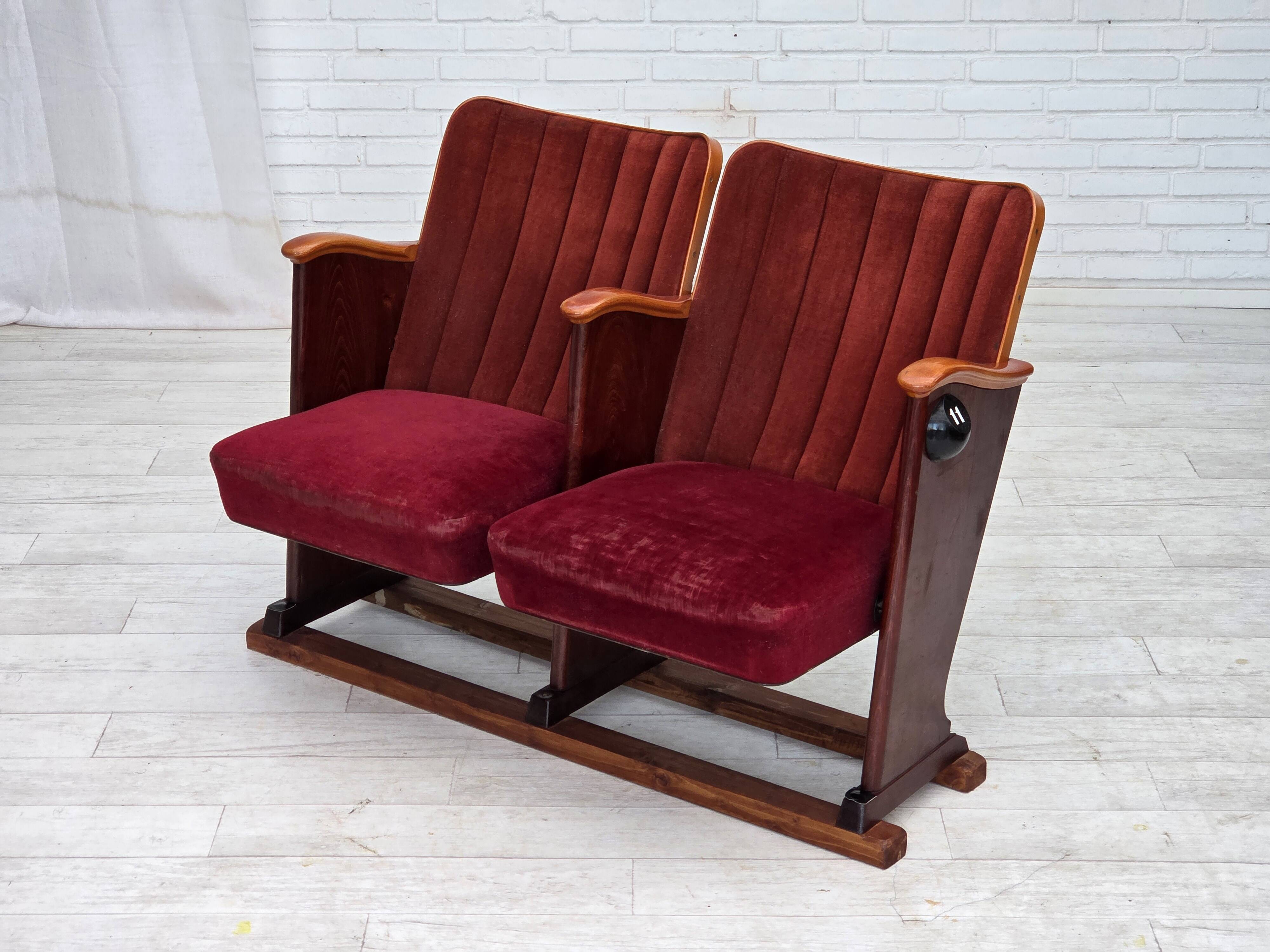 1950s, Danish theater armchairs, furniture velour, original condition.