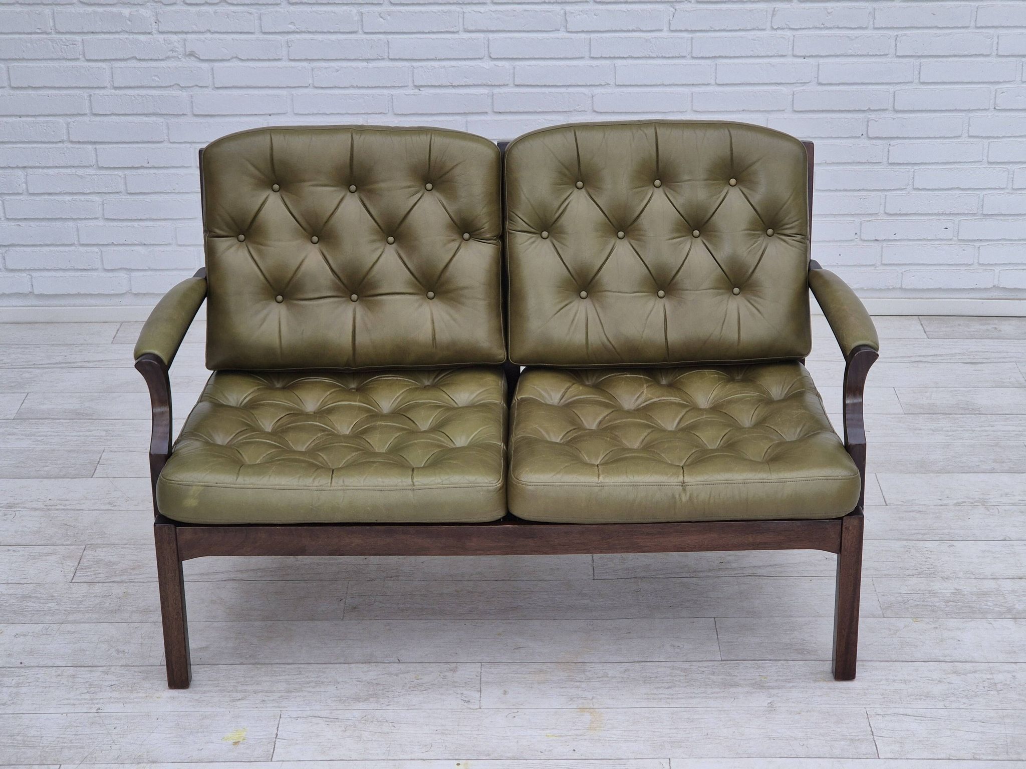 1970s, Scandinavian 2 seater sofa in original condition, green furniture leather, solid teak wood.